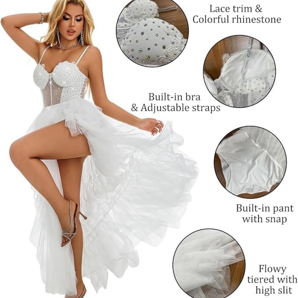 NWT! White Tulle Party Dress A Line High-Low Ruffled Fit w Corset Top Size L/12 - Picture 4 of 4